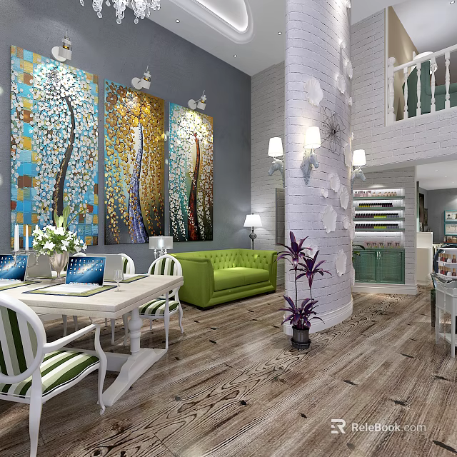 Modern Beauty Salon Interior With Colorful Abstract Paintings Green Sofa And Plants 3d model 