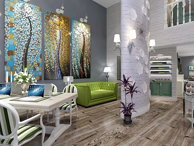 Modern Beauty Salon Interior With Colorful Abstract Paintings Green Sofa And Plants 3d model
