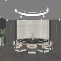 Elegant Private Dining Room Interior With Round Table Chairs Textured Walls And Circular Ceiling Light