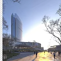 Vibrant Modern Commercial Street with Tall Glass Building Deciduous Trees Sunlight and Pedestrians Walking
