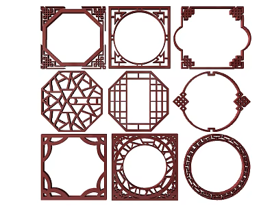 Traditional Dark Red Wooden Carved Patterns In Various Decorative Frames 3d model