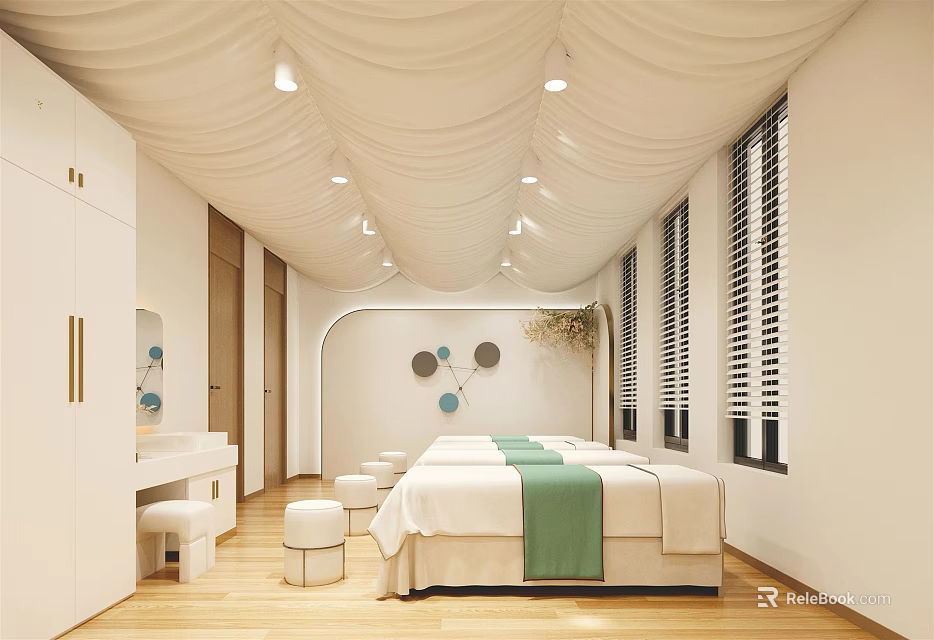 Modern SPA Sauna Room Interior Design With Massage Bed Green Linens White Ceiling And Shutters 3d model 