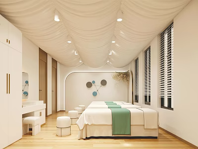 Modern SPA Sauna Room Interior Design With Massage Bed Green Linens White Ceiling And Shutters 3d model