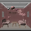 Cozy Pink Leisure Area Interior With Sofas Chairs Small Table Balloons And Flower Decorations
