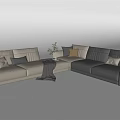 Sectional Leather Sofa In Beige Dark Gray With Pillows Throw Blanket And Side Table 3d model