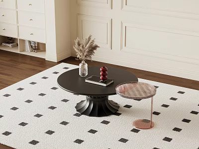 Modern Interior With Black Round Coffee Table Pink Side Table On Patterned Rug 3d model