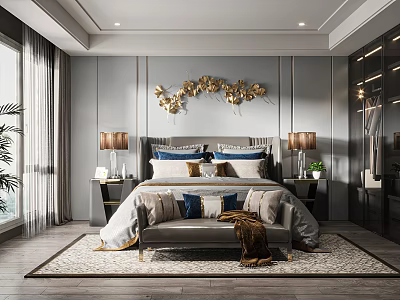 Elegant Modern Bedroom Interior With Gray Walls Gold Decor Large Bed Nightstands And Table Lamps 3d model