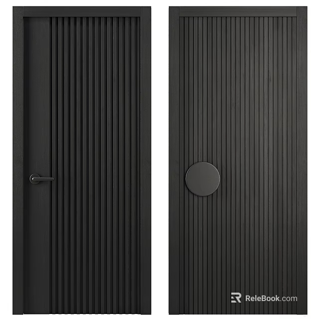 Black Interior Hinged Doors With Vertical Striped Design Long Handle And Round Knob 3d model