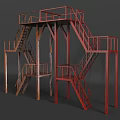 Industrial Metal Staircase With Multiple Platforms Red Railings And Support Columns 3d model