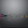 Urban Street Scene Components With Colorful Trash Bins Street Lamp Bus Stop Bench And Signboards
