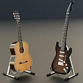 Acoustic And Electric Guitars Displayed On Metal Stands In Studio