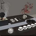 Traditional Tea Set With Burning Stove Smoke Tea Tray Cups And Red Maple Leaf Vase