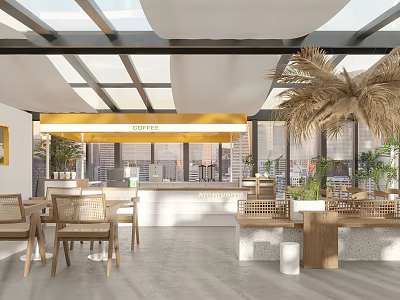 Modern Coffee Shop Interior With Wooden Chairs Plants And Natural Light 3d model