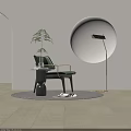 Green Accent Chair With Metal Armrests Side Table Potted Plant Floor Lamp Round Decorative Wall Gray Rug