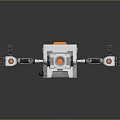 Silver Mechanical Robot With Cube Body Articulated Arms And Orange Components On Reflective Surface