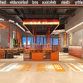 Modern Restaurant Interior With Orange Decor Neon Patterns Dining Tables And Ambient Lighting 3d model