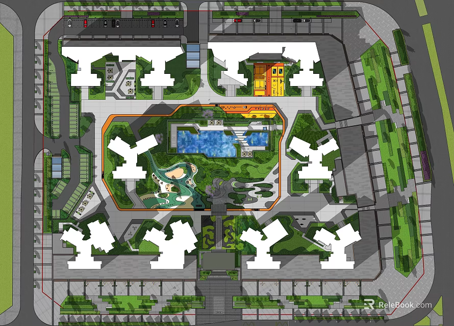 Residential Landscape Design with Surrounding Residential Buildings Central Water Feature Green Spaces and Walking Paths 3d model 