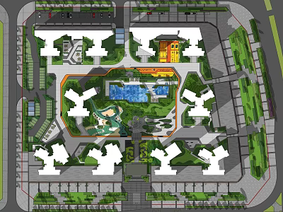 Residential Landscape Design with Surrounding Residential Buildings Central Water Feature Green Spaces and Walking Paths 3d model