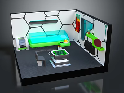 Cartoon Room Interior With Hexagonal Wall Pattern Green Bed Table And Furniture 3d model