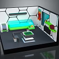 Cartoon Room Interior With Hexagonal Wall Pattern Green Bed Table And Furniture