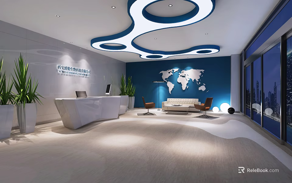 Modern Front Desk Reception Area With Blue Accent Wall World Map And Curved Ceiling Lighting 3d model 