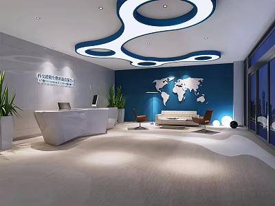 Modern Front Desk Reception Area With Blue Accent Wall World Map And Curved Ceiling Lighting 3d model