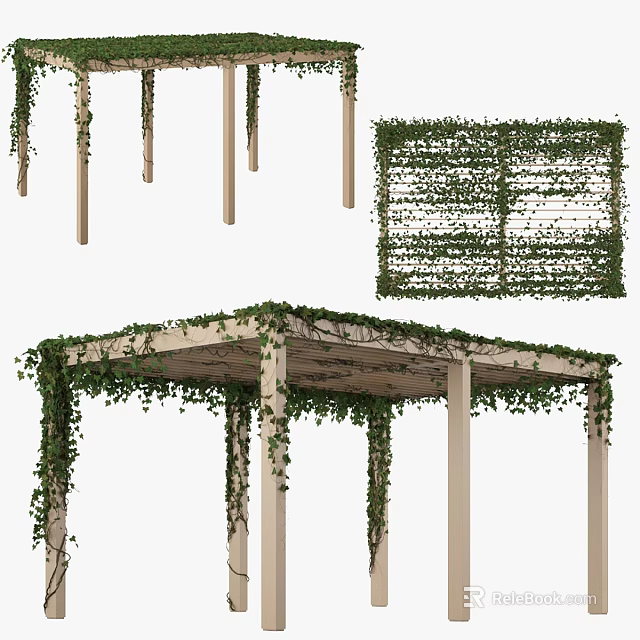 Outdoor Garden Pergola With Green Vines Covered Top And Support Columns 3d model 