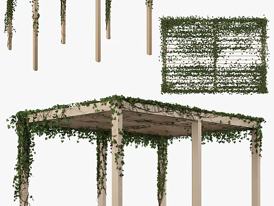 Outdoor Garden Pergola With Green Vines Covered Top And Support Columns 3d model