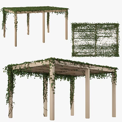 Outdoor Garden Pergola With Green Vines Covered Top And Support Columns 3d model