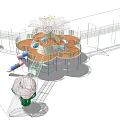 Children's Play Area with Lotus Shaped Structure Kids Playing and Parents Nearby Trees Pebble Ground