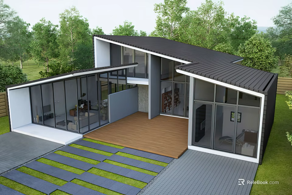Modern Detached House With Large Glass Windows And Wooden Deck Surrounded By Green Trees 3d model 
