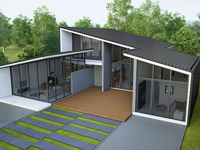 Modern Detached House With Large Glass Windows And Wooden Deck Surrounded By Green Trees 3d model