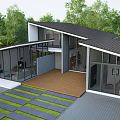 Modern Detached House With Large Glass Windows And Wooden Deck Surrounded By Green Trees