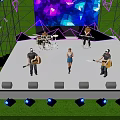Outdoor Stage With Band Performance Dynamic Purple And Blue Geometric Lighting And Spotlights On Lawn