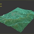 3D Terrain Model of Green Mountain Ranges With White Snowy Peaks on Black Background