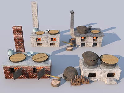 Vintage Brick Kitchen Cabinets with Chimneys Cooking Pots and Firewood Piles 3d model