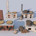 Vintage Brick Kitchen Cabinets with Chimneys Cooking Pots and Firewood Piles