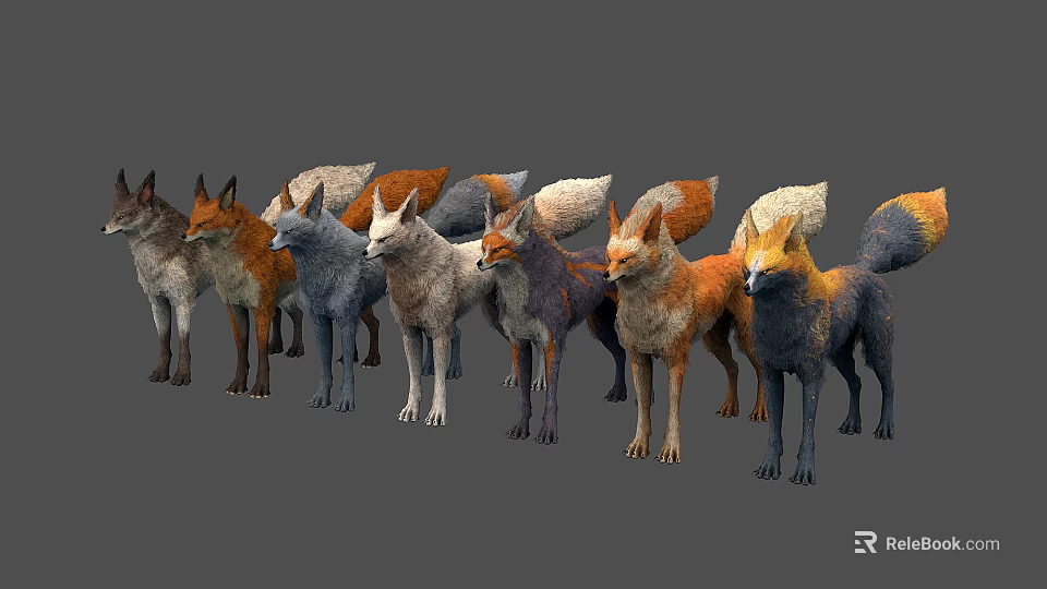 Colorful Fox 3D Models Digital Rendering With Various Fur Colors Standing Together In Pose 3d model 