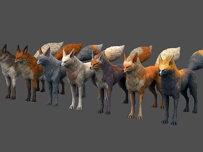 Colorful Fox 3D Models Digital Rendering With Various Fur Colors Standing Together In Pose 3d model