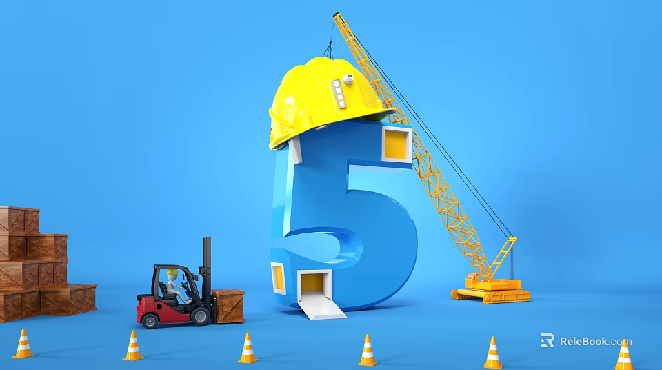 House Shaped Number 5 With Yellow Hard Hat Crane Forklift And Traffic Cones 3d model 