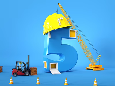 House Shaped Number 5 With Yellow Hard Hat Crane Forklift And Traffic Cones 3d model