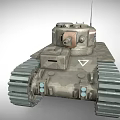 Vintage Military Tank with Dual Turrets Camouflage Paint Stripes Tracks and Insignia
