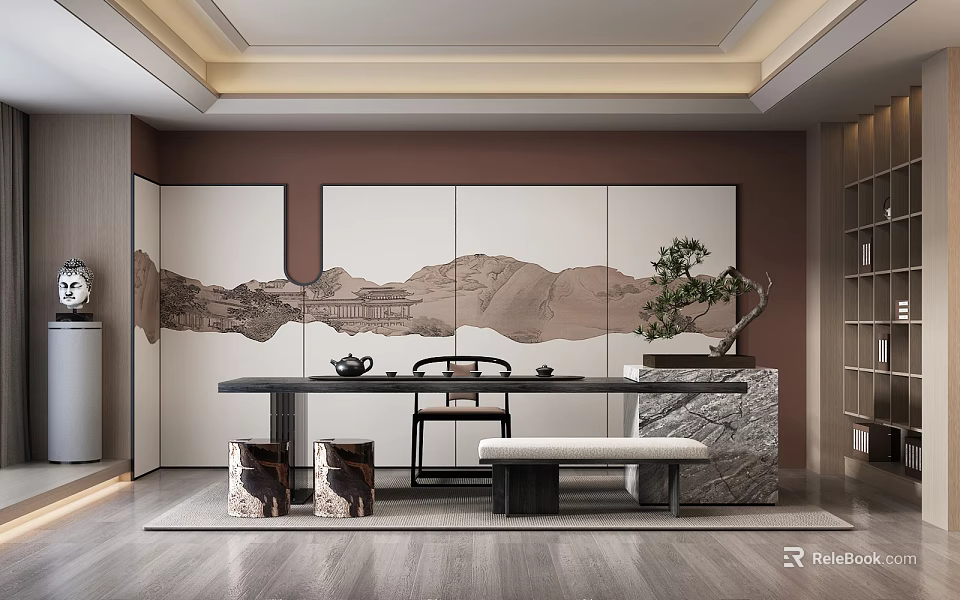 Modern Chinese Style Tea Room With Mountain Painting Screen And Bonsai Tree 3d model 