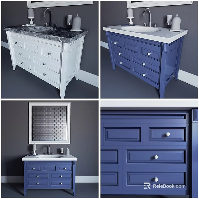 White and Blue Sink Vanity Design With Drawers Mirror And Cabinet Details 3d model 