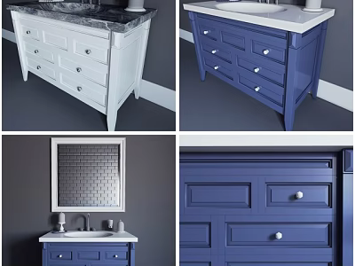 White and Blue Sink Vanity Design With Drawers Mirror And Cabinet Details 3d model