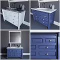 White and Blue Sink Vanity Design With Drawers Mirror And Cabinet Details
