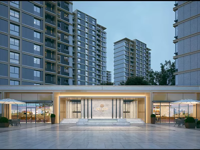 Modern Entrance Gate Architecture With High Rise Buildings Front Plaza Green Plants And Glass Doors 3d model