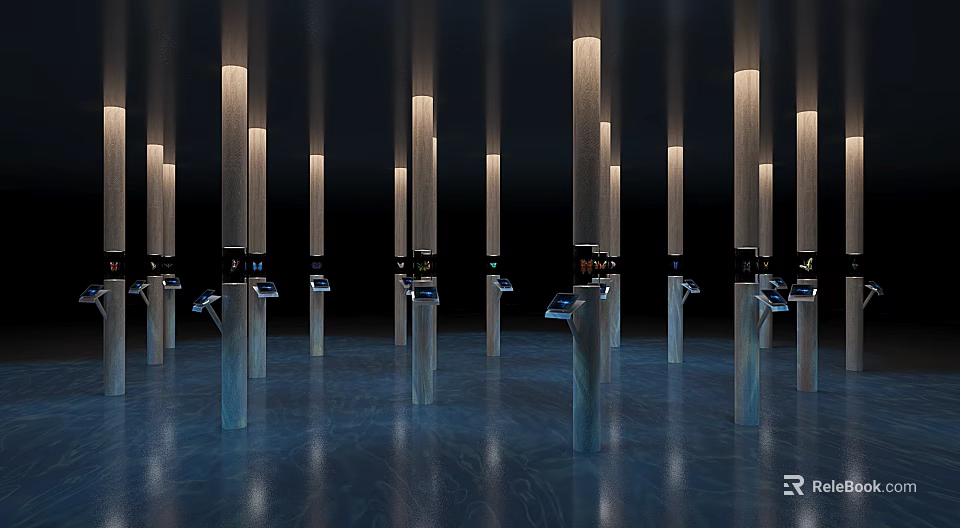 Modern Tech Inspired Column Style Display Shelves With Illuminated Stands In Exhibition Space 3d model 