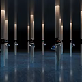 Modern Tech Inspired Column Style Display Shelves With Illuminated Stands In Exhibition Space