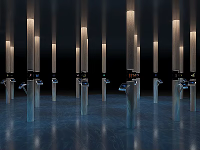 Modern Tech Inspired Column Style Display Shelves With Illuminated Stands In Exhibition Space 3d model